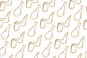 Hand-Drawn Outline Chicken Wing Seamless Vector Pattern for Fast Food Background