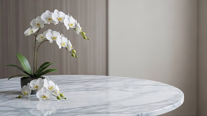 Elegant white orchid plant on marble table in modern room