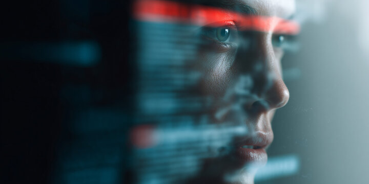 A portrait shot of a woman looking thoughtfully at digital information, suggesting intelligence and technological prowess. A sense of technological sophistication and human intelligence is evoked