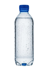 Fototapeta premium A pristine, label-free PET plastic bottle with crystalline distilled water, condensation, and royal blue cap, on a reflective white background with copy space, dramatic rim lighting, clean
