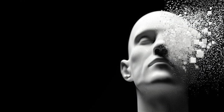 A conceptual image of a man's head transforming, with part of his face dissolving into small particles. A thought-provoking visual representation of change or disintegration