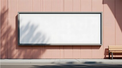 A blank billboard mounted on a pink textured wall with a bench