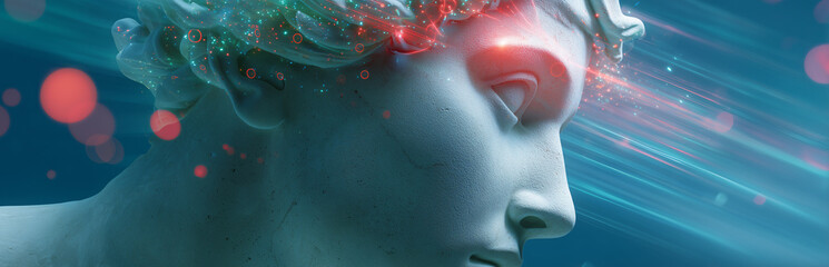 Fototapeta premium A depiction of human consciousness, with light emanating from the mind of an ancient statue