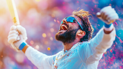 Dynamic moment capturing ecstatic batsman raising his cricket bat in celebration while confetti and bright light shower down, symbolizing ultimate triumph and pure sporting joy.