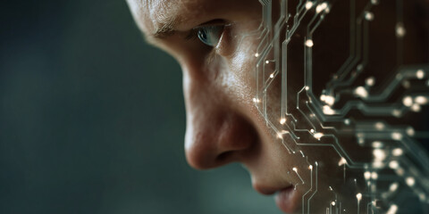 A man's face is partially merged with a futuristic circuit board, representing artificial intelligence