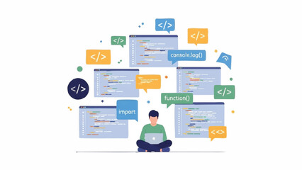 Programmer working on multiple code screens with technology symbols.
