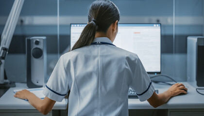 Rear view of a medical professional working on a computer in a modern office or lab setting.
