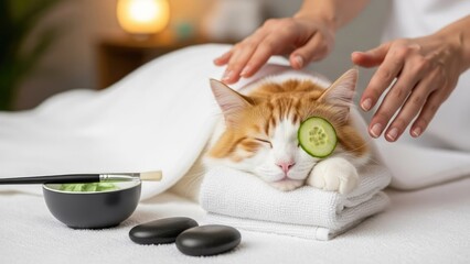 Relaxing cat at spa with cucumber on eye and human hands
