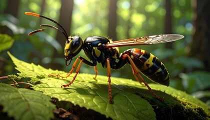 Wasp Standing on Green Leaf in Forest.