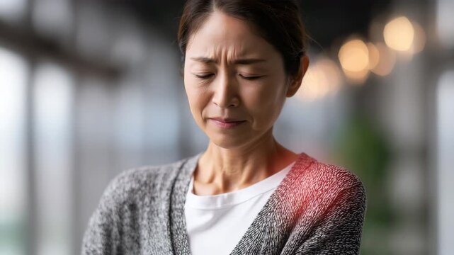 女性が肩の痛みを抑えて顔をしかめる
