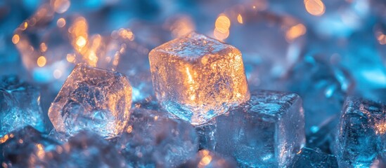 Illuminated ice cubes, close-up, bokeh background, cool drink concept
