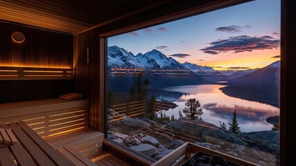 Serene mountain lake view from cozy wooden sauna at sunset