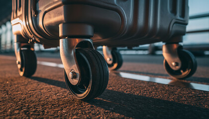 Close-up view of durable wheels on a modern suitcase rolling on an asphalt road at sunset.