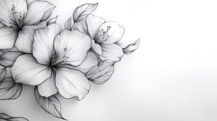 Delicate black and white line drawing of lush hibiscus flowers and leaves, rendered with fine detail and graceful curves, evoking sense of natural elegance and artistic simplicity on clean white backg