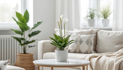 Fototapeta premium Cozy home setting featuring a flowering peace lily on a coffee table and a large bird of paradise plant in the corner.