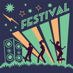 Vibrant festival illustration with dancing silhouettes and colorful lights at night