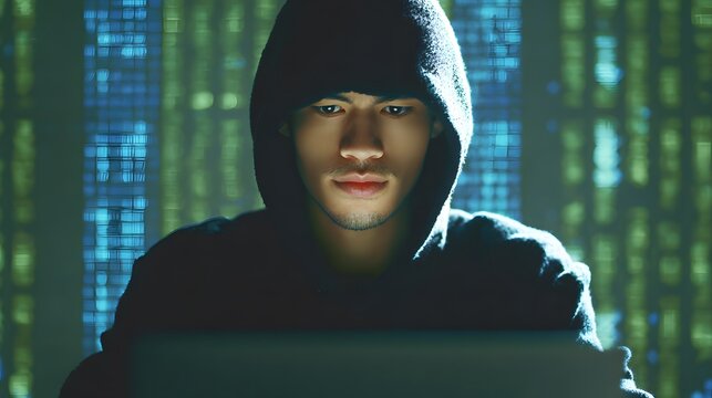 Focused coder contemplates digital matrix a modern tech portrait evoking secrecy and futuristic innovation - Powered by Adobe