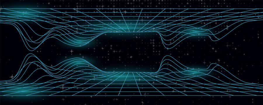 Technology perspective grid with mountain landscape background. Vector digital space wireframe landscape. Blue mesh on a black background