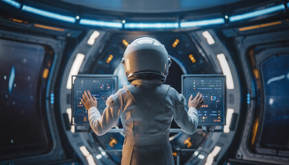 A person in a spacesuit operating controls in a futuristic spaceship cockpit, looking out into space.