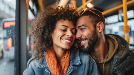 Happy couple on public transport