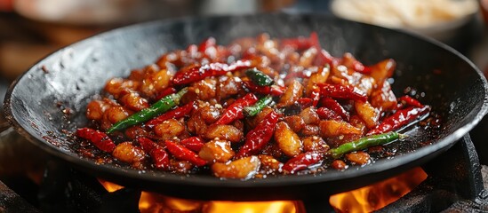 Spicy chicken stir-fry cooking in wok, market background