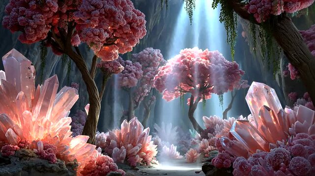 Enchanting fantasy landscape with luminous pink crystals and blooming cherry trees amid mystical