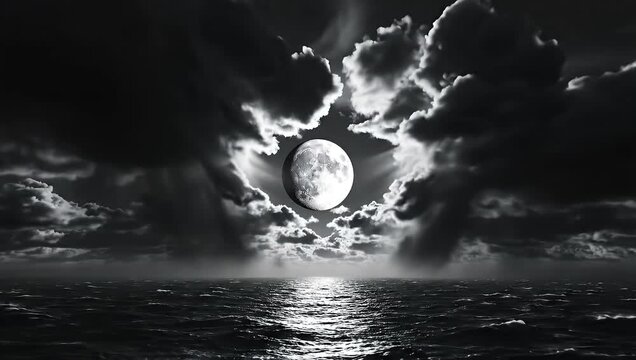A serene ocean landscape under a full moon shining through the clouds at night from a distant viewpoint