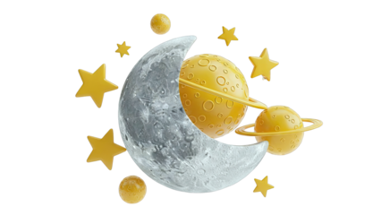 Whimsical 3D render of crescent moon, planets, and stars