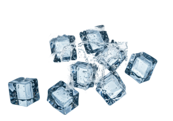 Approximately eight geometrically precise crystal-clear ice cubes falling in zero gravity, generating dramatic high-speed water splashes, droplets, and bubbles against a transparent background.