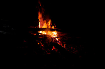 Campfire burns brightly in night, its flames creating island of warmth and light in surrounding darkness.