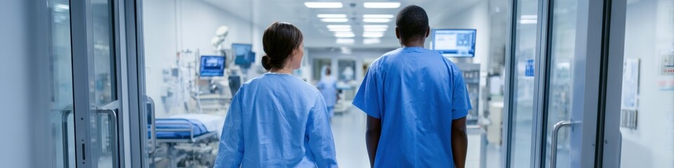 Female caucasian and male african medical staff in hospital corridor
