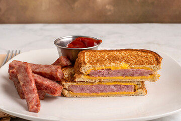 spam melt sandwich served with spam fries