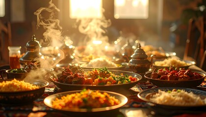 Steam Rising from Various Dishes on Table.