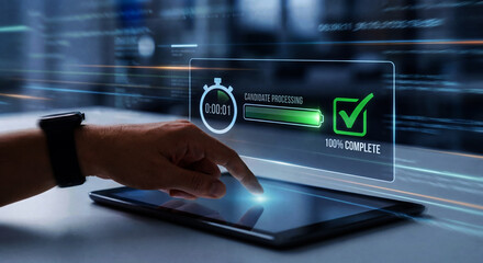 Hand interacting with tablet displaying digital processing interface with progress bar and checkmark on futuristic background with tablet interface with technology innovation