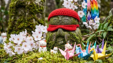 Serene stone buddha statue adorned with knitted red hat surrounded by cherry blossom flowers and colorful origami cranes in tranquil garden setting captured from a ground-level perspective