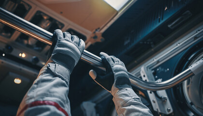 Astronaut's gloved hands gripping a metal bar inside a spacecraft or space station interior.
