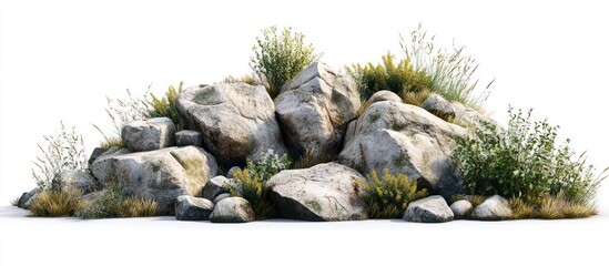 Rocky outcrop with wildflowers, isolated, nature background, design element