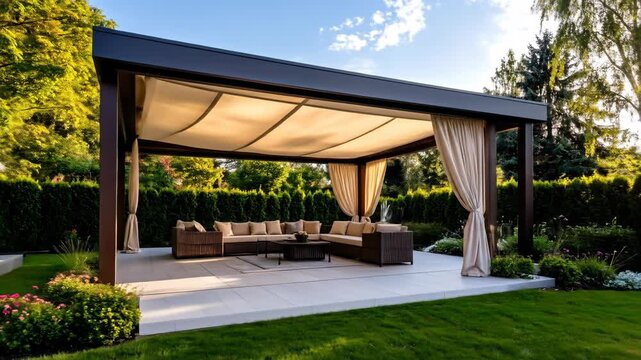 Elegant outdoor living space featuring a modern pergola with comfortable seating and lush greenery.