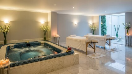 Luxurious spa interior with hot tub and massage beds