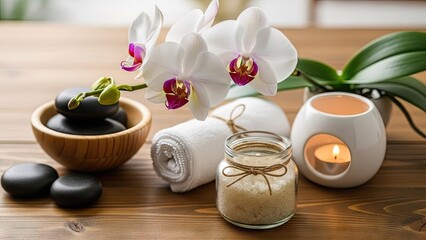 Serene spa setup with candles and orchids on wooden table
