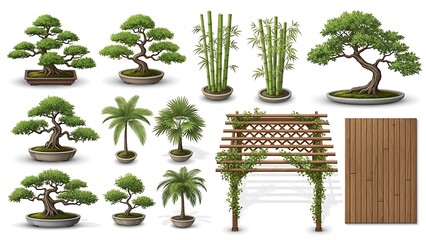 Collection of potted plants and garden decorations isolated on white background