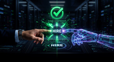 Human hand and robotic hand touching with green neon hire sign and checkmark in futuristic background for business technology and partnership concepts with innovation