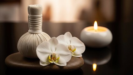 Serene spa setup with herbal compress, white orchids, and candlelight