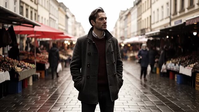 Walking man in market street urban. City shopping and vendor stalls frame subject. Lifestyle portrait of commuter in coat on wet pavement. Neutral moody atmosphere for urban content. Ideal urban use.