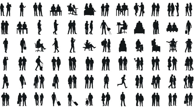 Collection of diverse human silhouettes engaged in various activities and professions against a white background