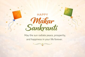 A colorful greeting card celebrating Makar Sankranti with kites and confetti