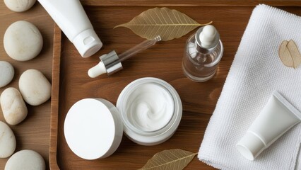 Natural skincare products on wooden tray with white towel