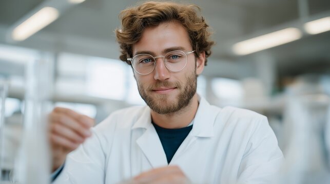 In a bright laboratory, a researcher performs experiments with biocompatible materials, showcasing the practical side of molecular engineering and its potential for improving medical devices and