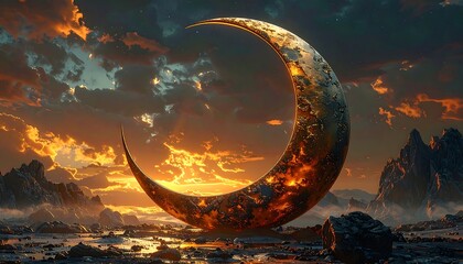 Crescent Moon Landscape Fantasy Scene Sunset.