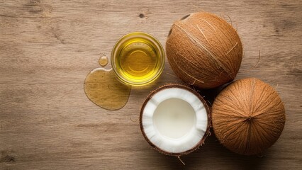 Coconuts and coconut oil on wooden table